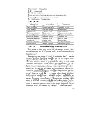 199
Опаленные — причастие
Н.ф. — опаленный
От глагола опалить
Пост. признаки: невозвр., страд., сов. вид, прош. вр.
Непост. признаки: полн., мн.ч., вин. пад.
На луга (к а к и е ?) опаленные
Д-574 (П-359).
Женский род Мужской род Средний род
Красивая туфля Мужской шампунь Желтое такси
Новая бандероль Гнилой картофель Драповое пальто
Мятая манжета Красный занавес Ночное шоссе
Старая мозоль Стальной рельс Новое пианино
Образцовая молодежь Прозрачный тюль Абрикосовое повидло
Рекламная брошюра Черный рояль Махровое полотенце
Солдатская шинель Высокий тополь Знакомое имя
Знаменитая фамилия Длинный путь Горячее какао
Черная тушь Спелый овощ Синее пламя
Соседняя плацкарта Газетный киоск Жалкое насекомое
Больная печень Мягкий каракуль Огородное чучело
Д-575 (-). Ночной Петербург поздней осенью.
Случалось ли вам идти когда-нибудь осенью поздно (запо-
здалый) вечером по отдаленным (даль) петербургским (Петер-
бурга) улицам?
Высокие стены домов, |изредка освещенные (свет) тусклым
блеском фонаре´й (фона´рь)|, кажутся (3 л.) еще чернее неба.
[Местами здания и серые тучи сливаются (ли´ть) в одну массу
(запомн.)], [и огоньки в окнах блестят, как движущиеся (от глаг.
1 спр. двигать) звездочки]. Дождь с однообразным (образ) шу-
мом падает на кровли и мостовую. Холодный ветер дует (1 спр.)
с силою и, |забиваясь в ворота|, стонет (1 спр.) жалобно. [Улицы
пусты], [кое-где плетется (3 л.) разве запозда´лый (по´здний)
пешеход] или [тащится (3 л.) извозчик (возить), |проклиная не-
настье| (без не не употребляется). [Но скоро все утиха´ет (ти´хо,
1 спр.)], [изредка только слышится продолжи´тельный (до´лгий)
свист на каланче (запомн.) или скрип барки, |кача´емой (качка)
порывами ветра|, и [снова все погружается (3 л.) в безмолвие].
нар. прич. об.
деепр. об.
деепр. об.
нар.
прич. об.
 