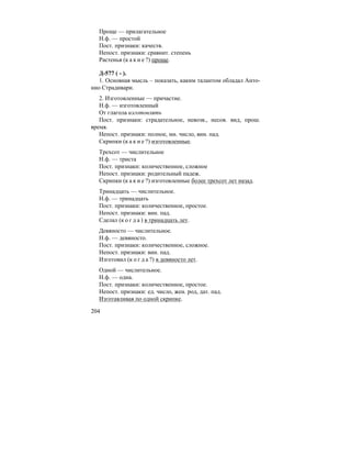 204
Проще — прилагательное
Н.ф. — простой
Пост. признаки: качеств.
Непост. признаки: сравнит. степень
Растенья (к а к и е ?) проще.
Д-577 ( - ).
1. Основная мысль – показать, каким талантом обладал Анто-
нио Страдивари.
2. Изготовленные — причастие.
Н.ф. — изготовленный
От глагола изготовлять
Пост. признаки: страдательное, невозв., несов. вид, прош.
время.
Непост. признаки: полное, мн. число, вин. пад.
Скрипки (к а к и е ?) изготовленные.
Трехсот — числительное
Н.ф. — триста
Пост. признаки: количественное, сложное
Непост. признаки: родительный падеж.
Скрипки (к а к и е ?) изготовленные более трехсот лет назад.
Тринадцать — числительное.
Н.ф. — тринадцать
Пост. признаки: количественное, простое.
Непост. признаки: вин. пад.
Сделал (к о г д а ) в тринадцать лет.
Девяносто — числительное.
Н.ф. — девяносто.
Пост. признаки: количественное, сложное.
Непост. признаки: вин. пад.
Изготовил (к о г д а ?) в девяносто лет.
Одной — числительное.
Н.ф. — одна.
Пост. признаки: количественное, простое.
Непост. признаки: ед. число, жен. род, дат. пад.
Изготавливая по одной скрипке.
 