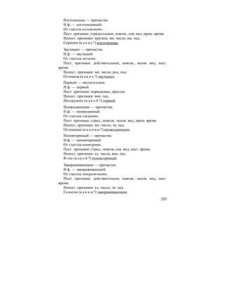 205
Изготовлены — причастие.
Н.ф. — изготовленный.
От глагола изготовить.
Пост. признаки: страдательное, невозв., сов. вид, прош. время.
Непост. признаки: краткое, мн. число, им. пад.
Скрипки (к а к и е ?) изготовлены.
Звучащих — причастие.
Н.ф. — звучащий.
От глагола звучать.
Пост. признаки: действительное, невозв., несов. вид, наст.
время.
Непост. признаки: мн. число, род. пад.
Оттенков (к а к и х ?) звучащих.
Первый — числительное.
Н.ф. — первый
Пост. признаки: порядковое, простое.
Непост. признаки: вин. пад.
Инструмент (к а к о й ?) первый.
Неожиданными — причастие.
Н.ф. — неожиданный.
От глагола ожидать.
Пост. признаки: страд., невозв., несов. вид, прош. время.
Непост. признаки: мн. число, тв. пад.
Оттенками (к а к и м и ?) неожиданными.
Неповторимый — причастие.
Н.ф. — неповторимый
От глагола повторить.
Пост. признаки: страд., невозв, сов. вид, наст. время.
Непост. признаки: ед. число, вин. пад.
В тон (к а к о й ?) неповторимый.
Завораживающим — причастие.
Н.ф. — завораживающий.
От глагола завораживать.
Пост. признаки: действительное, невозв., несов. вид, наст.
время.
Непост. признаки: ед. число, тв. пад.
Голосом (к а к и м ?) завораживающим.
 