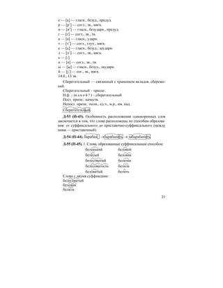 21
е — [ь] — гласн., безуд., предуд.
р — [р’] — согл., зв., мягк.
и — [иэ
] — гласн., безударн., предуд.
г — [г] — согл., зв., тв.
а — [а] — гласн., ударн.
т — [т’] — согл., глух., мягк.
е — [ь] — гласн., безуд., заударн.
л — [л’] — согл., зв., мягк.
ь — [-]
н — [н] — согл., зв., тв.
ы — [ы] — гласн., безуд., заударн.
й — [j’] — сог., зв., мягк.
14 б., 13 зв.
Сберегательный — связанный с хранением вкладов, сбереже-
ний.
Сберегательный – прилаг.
Н.ф. – (к а к о й ? ) – сберегательный
Пост. призн.: качеств.
Непост. призн.: полн., ед.ч., м.р., им. пад.
Сберегательный.
Д-53 (П-43). Особенность расположения однокоренных слов
заключается в том, что слова расположены по способам образова-
ния: от суффиксального до приставочно-суффиксального (между
ними — приставочный).
Д-54 (П-44). барабан →барабанить → забарабанить
Д-55 (П-45). 1. Слова, образованные суффиксальным способом:
беленький
белёсый
белесоватый
белесоватость
беловатый
беловой
беловик
белизна
белила
белить
Слова с двумя суффиксами:
белесоватый
беловик
белила
 
