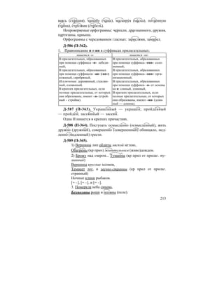 213
ваясь (ста´нция), чащо´бу (ча´ща), маскиру´я (ма´ска), потае´нную
(та´йна), стебля´ми (сте´бель).
Непроверяемые орфограммы: черпали, драгоценного, оружия,
партизаны, камыша.
Орфограммы с чередованием гласных: зарослями, замирал.
Д-586 (П-362).
1. Правописание н и нн в суффиксах прилагательных:
пишется -н- пишется -нн-
В прилагательных, образованных
при помощи суффикса –н-: лебеди-
ный;
В прилагательных, образованных
при помощи суффиксов –ан- (-ян-):
кожаный, серебряный,
Исключения: деревянный, стеклян-
ный, оловянный.
В кратких прилагательных, если
полные прилагательные, от которых
они образованы, имеют –н- (строй-
ный – стройна).
В прилагательных, образованных
при помощи суффикса –енн-: соло-
менный;
В прилагательных, образованных
при помощи суффикса –онн-: орга-
низационный,
В прилагательных, образованных
при помощи суффикса –н- от основы
на н: сонный, длинный,
В кратких прилагательных, если
полные прилагательные, от которых
они образованы, имеют –нн- (длин-
ный — длинна).
Д-587 (П-363). Украшенный — украшен; пройденный
— пройден; засеянный — засеян.
Одна Н пишется в кратких причастиях.
Д-588 (П-364). Поступать осмысленно (осмысленный), жить
дружно (дружный), совершенно (совершенный) обнищало, мед-
ленно (медленный) грести.
Д-589 (П-365).
1) Вершины лип облиты мягкой мглою,
Обагрены (кр прич) живительным (живо)дождем.
2) Брожу над озером... Туманны (кр прил от прилаг. ту-
манный)
Вершины круглые холмов,
Темнеет лес, и звучно-странны (кр прил от прилаг.
странный)
Ночные клики рыбаков.
[= –], [= –], и [= –].
3. Померкла неба синева,
Безмолвны рощи и поляны (поле).
 