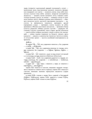 35
дверь (открыть); выпеченный каравай (сделанный в печи) —
выпяченная грудь (выставленная напоказ); посветить фонари-
ком (направить луч света) — посвятить жизнь чему-либо (пол-
ностью отдаться чему-либо); запивать лекарство (употреблять
жидкость) — запевать песню (начинать петь); изжевать жева-
тельную резинку (доесть до конца) — изживать соседа из ком-
наты (мешать жить); обвивать руками шею (обнимать) — обве-
вать воздухом (дуть); настигать противника (догонять) — на-
стегать за провинность (наказать); примирять друзей
(прекращать ссору) — примерять платье (одевать на себя);
проживать в Москве (постоянно находится) — прожевать банан
(съесть); разредить обойму (сделать пустой) — разрядить об-
становку (сделать спокойной); свела старых друзей (сблизила)
— свила клубок (собрала воедино); спеши в школу (не опазды-
вай) — спиши задание (перенеси на бумагу); увидать друга
(увидеть) — увядать в одиночестве (чахнуть); чистота в комна-
те (отсутствие грязи) — частота колебаний (повторяемость во
времени).
Д-95 (-).
В корнях гар- – гор- под ударением пишется а, без ударения
— о (зага´р — загоре´лый);
в корне зар- – зор- под ударением пишется та гласная, кото-
рая слышится, без ударения — а (за´рево, зарни´ца, озаря´ть —
зо´рька);
в корне кас- – кос- пишется о, если за ним следует согласный
н, в остальных случаях пишется а (касаться, коснуться);
в корне клан- – клон- под ударением пишется та гласная, ко-
торая слышится, без ударения — о (склони´ться — кла´няться,
покло´н — наклони´ться);
в корне лаг- – лож- перед г пишется а, перед ж пишется о
(предлагать — предложить);
корень мак- пишется в глаголах, имеющих значение «погру-
жать в жидкость» (макать кисть в краску); корень мок- пишется в
глаголах, имеющих значение «пропускать жидкость» (туфли
промокли);
в корне плав- гласная а может быть ударной и безударной
(пла´вать, плаву´честь); корень плов- пишется в словах пловец,
пловчиха, корень плыв- только в слове плывуны;
 