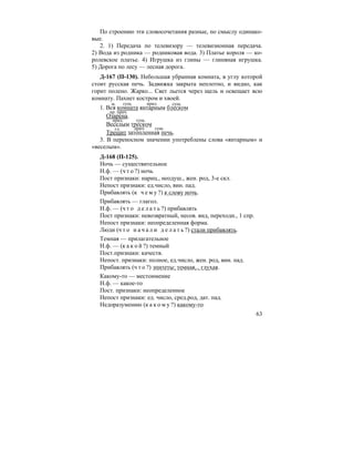 63
По строению эти словосочетания разные, по смыслу одинако-
вые.
2. 1) Передача по телевизору — телевизионная передача.
2) Вода из родника — родниковая вода. 3) Платье короля — ко-
ролевское платье. 4) Игрушка из глины — глиняная игрушка.
5) Дорога по лесу — лесная дорога.
Д-167 (П-130). Небольшая убранная комната, в углу которой
стоит русская печь. Задвижка закрыта неплотно, и видно, как
горит полено. Жарко... Свет льется через щель и освещает всю
комнату. Пахнет костром и хвоей.
1. Вся комната янтарным блеском
Озарена.
Веселым треском
Трещит затопленная печь.
3. В переносном значении употреблены слова «янтарным» и
«веселым».
Д-168 (П-125).
Ночь — существительное
Н.ф. — (ч т о ?) ночь
Пост признаки: нариц., неодуш., жен. род, 3-е скл.
Непост признаки: ед.число, вин. пад.
Прибавлять (к ч е м у ?) к слову ночь.
Прибавлять — глагол.
Н.ф. — (ч т о д е л а т ь ?) прибавлять
Пост признаки: невозвратный, несов. вид, переходн., 1 спр.
Непост признаки: неопределенная форма.
Люди (ч т о н а ч а л и д е л а т ь ?) стали прибавлять.
Темная — прилагательное
Н.ф. — (к а к о й ?) темный
Пост.признаки: качеств.
Непост. признаки: полное, ед.число, жен. род, вин. пад.
Прибавлять (ч т о ?) эпитеты: темная... глухая.
Какому-то — местоимение
Н.ф. — какое-то
Пост. признаки: неопределенное
Непост признаки: ед. число, сред.род, дат. пад.
Недоразумению (к а к о м у ?) какому-то
м. сущ. прил. сущ.
кр. прич.
прил. сущ.
сущ.прич.гл.
 