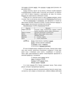 75
чем выше уходили вверх, тем сильнее и шире расступались пе-
ред ними дали...
Снизу казалось, будто это не аисты, а белые голуби мерцают
в ослепительно голубом небе. Смельчак так увлекся, что врезал-
ся в тучу и сразу оторопел и растерялся, не зная, что делать.
Раньше ему приходилось наблюдать туман.
Теперь же он с разгона влетел в пар и широко раскрыл зачем-
то клюв. Аист не на шутку испугался этой бесконечно белой жути.
Так же неожиданно и мгновенно, как прилипло к глазам не-
проглядное молоко, блеснуло солнце. Солнце блеснуло весело, и
внизу мерно заколыхалась контрастная мозаика.
Ослепительно голубом, бесконечно белой.
Наречия Примеры
Образа действия Сильнее, шире, ослепительно, широко, неожи-
данно, мгновенно, весело, мерно, бесконечно.
Меры и степени Дольше, бесконечно, ослепительно.
Места Ввысь, выше, вверх, снизу, внизу.
Времени Впервые, раньше.
Причины — ; потому, сгоряча.
Цели — ; затем, умышленно.
Д-195 (-). [Спят таинственно стройные чащи],
[Спят, одетые снегом глубоким,
И поляны, и луг, и овраги],
(Где когда-то шумели протоки).
В этом четверостишье говорится об осени. Автор сумел пере-
дать свое теплое, трепетное отношение к природе и этому вре-
мени года с помощью слов «спят», «стройные» и «одетые».
Здесь явно прослеживается прием олицетворения предметов и
явлений природы с человеком.
С каждым днем синеет мягче
Даль оттаявших полей,
Солнце в небе светит выше,
Воздух легче и теплей.
А в этом отрывке И.А. Бунин описывает весну. Здесь автор
рисует легкую и прозрачную картину.
3. Степь кругом (места), колосится всюду (места), кукует вда-
ли (места), чуть (меры и степени) веет, тайком (образа действия)
 