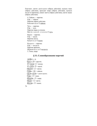 76
блистают, светит долго-долго (образа действия), шумела тише
(образа действия), проходят шире (образа действия), шумели
когда-то (времени), синеет мягче (образа действия), светит выше
(образа действия).
4. Тайком — наречие.
Н.ф. — тайком.
Наречие образа действия.
Блистают (к а к ?) тайком.
Чуть — наречие.
Н.ф. — чуть
Наречие меры и степени.
Веет (в к а к о й с т е п е н и ?) чуть.
Вдали — наречие.
Н.ф. — вдали.
Наречие места.
Кукует (г д е ?) вдали.
Когда-то — наречие.
Н.ф. — когда-то
Наречие времени.
Шумели (к о г д а ?) когда-то.
5. Тише, шире.
§ 11. Словообразование наречий
Д-196 ( — ).
Круг + ом = кругом.
В + сюда + у = всюду.
В + даль + и = вдали.
Мягкий + о = мягко.
Тайна + ом = тайком.
Долго, долго = долго-долго.
Тихо + е = тише.
Широко + е = шире.
Мягко + е = мягче.
Высоко + е = выше.
 