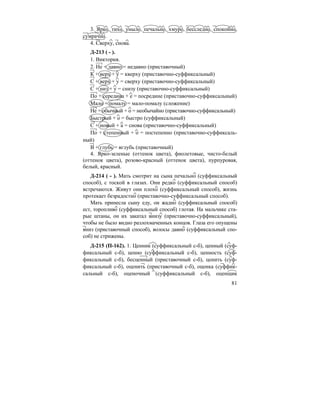 81
3. Ярко, тихо, уныло, печально, хмуро, бесследно, спокойно,
сумрачно.
4. Сверху, снова.
Д-213 ( - ).
1. Виктория.
2. Не + давно = недавно (приставочный)
К + верх + у = кверху (приставочно-суффиксальный)
С + верх + у = сверху (приставочно-суффиксальный)
С + низ + у = снизу (приставочно-суффиксальный)
По + середина + е = посредине (приставочно-суффиксальный)
Мало + помалу = мало-помалу (сложение)
Не + обычный + о = необычайно (приставочно-суффиксальный)
Быстрый + о = быстро (суффиксальный)
С + новый + а = снова (приставочно-суффиксальный)
По + степенный + о = постепенно (приставочно-суффиксаль-
ный)
В + глубь = вглубь (приставочный)
4. Ярко-зеленые (оттенок цвета), фиолетовые, чисто-белый
(оттенок цвета), розово-красный (оттенок цвета), пурпуровая,
белый, красный.
Д-214 ( - ). Мать смотрит на сына печально (суффиксальный
способ), с тоской в глазах. Они редко (суффиксальный способ)
встречаются. Живут они плохо (суффиксальный способ), жизнь
протекает безрадостно (приставочно-суффиксальный способ).
Мать принесла сыну еду, он жадно (суффиксальный способ)
ест, торопливо (суффиксальный способ) глотая. На мальчике ста-
рые штаны, он их закатал внизу (приставочно-суффиксальный),
чтобы не было видно разлохмаченных концов. Глаза его опущены
вниз (приставочный способ), волосы давно (суффиксальный спо-
соб) не стрижены.
Д-215 (П-162). 1. Ценник (суффиксальный с-б), ценный (суф-
фиксальный с-б), ценно (суффиксальный с-б), ценность (суф-
фиксальный с-б), бесценный (приставочный с-б), ценить (суф-
фиксальный с-б), оценить (приставочный с-б), оценка (суффик-
сальный с-б), оценочный (суффиксальный с-б), оценщик
 