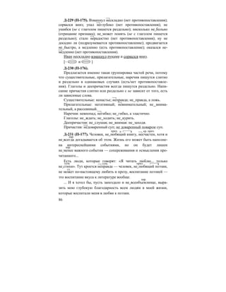 86
Д-229 (П-175). Взмахнул нескладно (нет противопоставления);
сорвался вниз; упал неглубоко (нет противопоставления); не
ушибся (не с глаголом пишется раздельно); нисколько не больно
(отрицание признака); не может понять (не с глаголом пишется
раздельно); стало нерадостно (нет противопоставления); ну не
досадно ли (подразумевается противопоставление); продвигается
не быстро, а медленно (есть противопоставление); оказался не-
медленно (нет противопоставления).
Иван нескладно взмахнул руками и сорвался вниз.
[– и ]
Д-230 (П-176).
Предлагается именно такая группировка частей речи, потому
что существительные, прилагательные, наречия пишутся слитно
и раздельно в одинаковых случаях (есть/нет противопоставле-
ния). Глаголы и деепричастия всегда пишутся раздельно. Напи-
сание причастия слитно или раздельно с не зависит от того, есть
ли зависимые слова.
Существительные: ненастье; неправда; не правда, а ложь.
Прилагательные: негативный; невнимательный; не внима-
тельный, а рассеянный.
Наречия: невпопад; негибко; не гибко, а эластично.
Глаголы: не ждать; не ходить; не курить.
Деепричастия: не слушая; не внимая: не заходя.
Причастия: недоваренный суп; не доваренный поваром суп.
Д-231 (П-177). Человек, не любящий книгу, несчастен, хотя и
не всегда догадывается об этом. Жизнь его может быть наполне-
на интереснейшими событиями, но он будет лишен
не менее важного события — сопереживания и осмысления про-
читанного...
Есть люди, которые говорят: «Я читать люблю... только
не стихи». Тут кроется неправда — человек, не любящий поэзии,
не может по-настоящему любить и прозу, воспитание поэзией —
это воспитание вкуса к литературе вообще.
... И я хотел бы, пусть запоздало и не всеобъемлюще, выра-
зить мою глубокую благодарность всем людям в моей жизни,
которые воспитали меня в любви к поэзии.
прич. кр. прич.
нар.
нар.
сущ. сущ. прил.
гл.
нар.
 