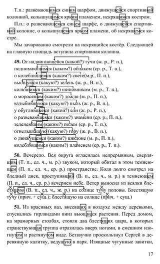17
Т.п.: развевающимся синим шарфом, движущейся спортивной
колонной, колышущимся ярким пламенем, искрящимся костром.
П.п.: о развевающемся синем шарфе, о движущейся спортив-
ной колонне, о колышущемся ярком пламени, об искрящемся ко-
стре.
Мы зачарованно смотрели на искрящийся костёр. Следующей
на главную площадь вступила спортивная колонна.
49. От надвигающейся (какой?) тучи (ж. р., Р. п.),
поднимающимся (каким?) облаком (ср. р., Т. п.),
о колеблющемся (каком?) свете(м.р., П. п.),
вьющуюся (какую?) зелень (ж. р., В. п.),
колющимся (каким?) шиповником (м. р., Т. п.),
о моросящем (каком?) дожде (м. р., П. п.),
вздыбившуюся (какую?) пыль (ж. р., В. п.),
у обуглившейся (какой?) ели (ж. р., Р. п.),
о развевающемся (каком?) знамени (ср. р., П. п.),
зеленеющим (каким?) полем (ср. р., Т. п.),
огнедышащую (какую?) гору (ж. р., В. п.),
о движущемся (каком?) циклоне (м. р., П. п.),
колеблющимся (каким?) пламенем (ср. р., Т. п.).
50. Вечерело. Вся округа огласилась непрерывным, сверля-
щим (Т. п., ед. ч., м. р.) звуком, который обитал в этом темнею-
щем (П. п., ед. ч., ср. р.) пространстве. Коля долго смотрел на
бледный диск, проступивший (В. п., ед. ч., м. р.) в темнеющем
(П. п., ед. ч., ср. р.) вечернем небе. Ветер выносил из веялки бле-
стящую (В. п., ед. ч., ж. р.) на солнце тучу половы. Блестящую
тучу (прич. + сущ.); блестящую на солнце (прич. + сущ.)
51. Из красивых ваз, висевших в воздухе между деревьями,
спускались гирляндами вниз вьющиеся растения. Перед домом,
на мраморных столбах, стояли два блестящих шара, в которых
странствующая труппа отразилась вверх ногами, в смешном изо-
гнутом и растянутом виде. Беззвучно проскользнул Сергей в де-
ревянную калитку, ведущую в парк. Изящные чугунные завитки,
 