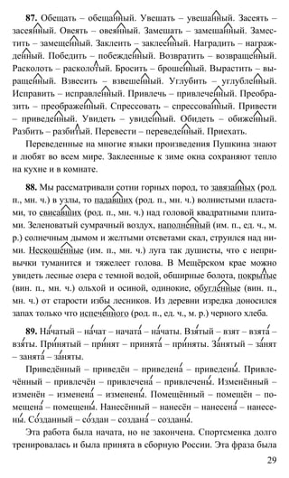 29
87. Обещать – обещанный. Увешать – увешанный. Засеять –
засеянный. Овеять – овеянный. Замешать – замешанный. Замес-
тить – замещенный. Заклеить – заклеенный. Наградить – награж-
денный. Победить – побежденный. Возвратить – возвращенный.
Расколоть – расколотый. Бросить – брошенный. Вырастить – вы-
ращенный. Взвесить – взвешенный. Углубить – углубленный.
Исправить – исправленный. Привлечь – привлеченный. Преобра-
зить – преображенный. Спрессовать – спрессованный. Привести
– приведенный. Увидеть – увиденный. Обидеть – обиженный.
Разбить – разбитый. Перевести – переведенный. Приехать.
Переведенные на многие языки произведения Пушкина знают
и любят во всем мире. Заклеенные к зиме окна сохраняют тепло
на кухне и в комнате.
88. Мы рассматривали сотни горных пород, то завязанных (род.
п., мн. ч.) в узлы, то падавших (род. п., мн. ч.) волнистыми пласта-
ми, то свисавших (род. п., мн. ч.) над головой квадратными плита-
ми. Зеленоватый сумрачный воздух, наполненный (им. п., ед. ч., м.
р.) солнечным дымом и желтыми отсветами скал, струился над ни-
ми. Нескошенные (им. п., мн. ч.) луга так душисты, что с непри-
вычки туманится и тяжелеет голова. В Мещёрском крае можно
увидеть лесные озера с темной водой, обширные болота, покрытые
(вин. п., мн. ч.) ольхой и осиной, одинокие, обугленные (вин. п.,
мн. ч.) от старости избы лесников. Из деревни изредка доносился
запах только что испеченного (род. п., ед. ч., м. р.) черного хлеба.
89. Начатый – начат – начата – начаты. Взятый – взят – взята –
взяты. Принятый – принят – принята – приняты. Занятый – занят
– занята – заняты.
Приведённый – приведён – приведена – приведены. Привле-
чённый – привлечён – привлечена – привлечены. Изменённый –
изменён – изменена – изменены. Помещённый – помещён – по-
мещена – помещены. Нанесённый – нанесён – нанесена – нанесе-
ны. Созданный – создан – создана – созданы.
Эта работа была начата, но не закончена. Спортсменка долго
тренировалась и была принята в сборную России. Эта фраза была
 