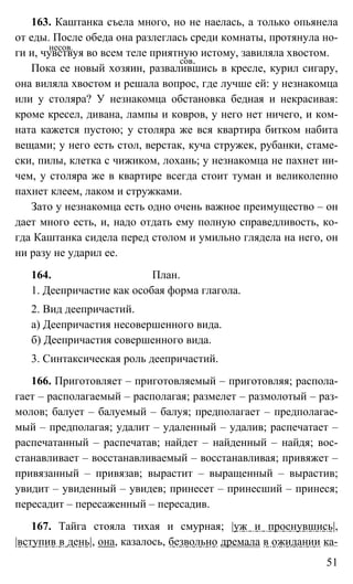 51
163. Каштанка съела много, но не наелась, а только опьянела
от еды. После обеда она разлеглась среди комнаты, протянула но-
ги и, чувствуя во всем теле приятную истому, завиляла хвостом.
Пока ее новый хозяин, развалившись в кресле, курил сигару,
она виляла хвостом и решала вопрос, где лучше ей: у незнакомца
или у столяра? У незнакомца обстановка бедная и некрасивая:
кроме кресел, дивана, лампы и ковров, у него нет ничего, и ком-
ната кажется пустою; у столяра же вся квартира битком набита
вещами; у него есть стол, верстак, куча стружек, рубанки, стаме-
ски, пилы, клетка с чижиком, лохань; у незнакомца не пахнет ни-
чем, у столяра же в квартире всегда стоит туман и великолепно
пахнет клеем, лаком и стружками.
Зато у незнакомца есть одно очень важное преимущество – он
дает много есть, и, надо отдать ему полную справедливость, ко-
гда Каштанка сидела перед столом и умильно глядела на него, он
ни разу не ударил ее.
164. План.
1. Деепричастие как особая форма глагола.
2. Вид деепричастий.
а) Деепричастия несовершенного вида.
б) Деепричастия совершенного вида.
3. Синтаксическая роль деепричастий.
166. Приготовляет – приготовляемый – приготовляя; распола-
гает – располагаемый – располагая; размелет – размолотый – раз-
молов; балует – балуемый – балуя; предполагает – предполагае-
мый – предполагая; удалит – удаленный – удалив; распечатает –
распечатанный – распечатав; найдет – найденный – найдя; вос-
станавливает – восстанавливаемый – восстанавливая; привяжет –
привязанный – привязав; вырастит – выращенный – вырастив;
увидит – увиденный – увидев; принесет – принесший – принеся;
пересадит – пересаженный – пересадив.
167. Тайга стояла тихая и смурная; |уж и проснувшись|,
|вступив в день|, она, казалось, безвольно дремала в ожидании ка-
несов.
сов.
 