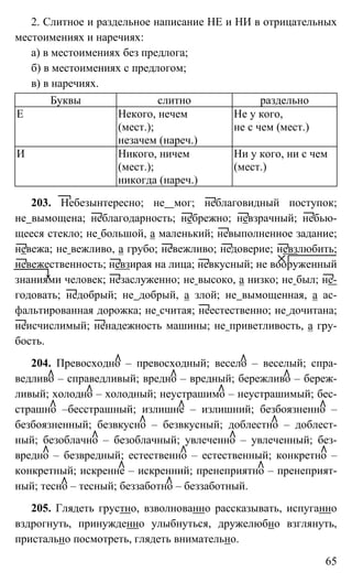 65
2. Слитное и раздельное написание НЕ и НИ в отрицательных
местоимениях и наречиях:
а) в местоимениях без предлога;
б) в местоимениях с предлогом;
в) в наречиях.
Буквы слитно раздельно
Е Некого, нечем
(мест.);
незачем (нареч.)
Не у кого,
не с чем (мест.)
И Никого, ничем
(мест.);
никогда (нареч.)
Ни у кого, ни с чем
(мест.)
203. Небезынтересно; не мог; неблаговидный поступок;
не вымощена; неблагодарность; небрежно; невзрачный; небью-
щееся стекло; не большой, а маленький; невыполненное задание;
невежа; не вежливо, а грубо; невежливо; недоверие; невзлюбить;
невежественность; невзирая на лица; невкусный; не вооруженный
знаниями человек; незаслуженно; не высоко, а низко; не был; не-
годовать; недобрый; не добрый, а злой; не вымощенная, а ас-
фальтированная дорожка; не считая; неестественно; не дочитана;
неисчислимый; ненадежность машины; не приветливость, а гру-
бость.
204. Превосходно – превосходный; весело – веселый; спра-
ведливо – справедливый; вредно – вредный; бережливо – береж-
ливый; холодно – холодный; неустрашимо – неустрашимый; бес-
страшно –бесстрашный; излишне – излишний; безбоязненно –
безбоязненный; безвкусно – безвкусный; доблестно – доблест-
ный; безоблачно – безоблачный; увлеченно – увлеченный; без-
вредно – безвредный; естественно – естественный; конкретно –
конкретный; искренне – искренний; пренеприятно – пренеприят-
ный; тесно – тесный; беззаботно – беззаботный.
205. Глядеть грустно, взволнованно рассказывать, испуганно
вздрогнуть, принужденно улыбнуться, дружелюбно взглянуть,
пристально посмотреть, глядеть внимательно.
 