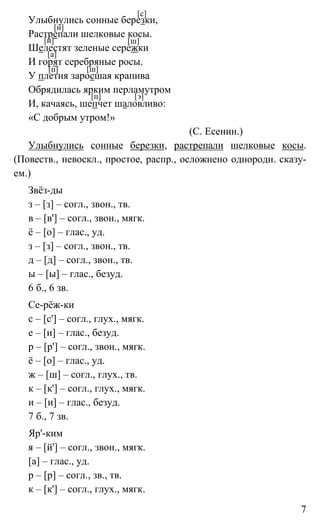 7
Улыбнулись сонные березки,
Растрепали шелковые косы.
Шелестят зеленые сережки
И горят серебряные росы.
У плетня заросшая крапива
Обрядилась ярким перламутром
И, качаясь, шепчет шаловливо:
«С добрым утром!»
(C. Есенин.)
Улыбнулись сонные березки, растрепали шелковые косы.
(Повеств., невоскл., простое, распр., осложнено однородн. сказу-
ем.)
Звёз-ды
з – [з] – согл., звон., тв.
в – [в'] – согл., звон., мягк.
ё – [о] – глас., уд.
з – [з] – согл., звон., тв.
д – [д] – согл., звон., тв.
ы – [ы] – глас., безуд.
6 б., 6 зв.
Се-рёж-ки
с – [с'] – согл., глух., мягк.
е – [и] – глас., безуд.
р – [р'] – согл., звон., мягк.
ё – [о] – глас., уд.
ж – [ш] – согл., глух., тв.
к – [к'] – согл., глух., мягк.
и – [и] – глас., безуд.
7 б., 7 зв.
Яр'-ким
я – [й'] – согл., звон., мягк.
[а] – глас., уд.
р – [р] – согл., зв., тв.
к – [к'] – согл., глух., мягк.
[с]
[и]
[ш][и]
[а]
[п] [ш]
[п] [э]
 
