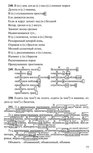 77
248. В (п.) дни, когда (с.) над (п.) сонным морем
Духота и (с.) тишина,
В (п.) отуманенном просторе
Еле движется волна.
Если ж вдруг дохнет над (п.) бездной
Ветер, грозен и (с.) могуч,
Закипит волна грознее
Надвигающихся туч...
И (с.) помчится, точно в (п.) битву
Разъяренный шпорой конь,
Отражая в (п.) брызгах пены
Молний солнечный огонь.
И (с.), рассыпавшись о (п.) скалы,
Изомнет у (п.) берегов
Раскачавшиеся перья
Прошумевших тростников.
249. Вспоминать полет Вспоминать о полете
говорить ему говорить с ним
наблюдаем восход солнца наблюдаем за облаками
любуемся пейзажем смотрим в иллюминатор
произвести посадку спуститься по трапу
окончить полет
приставить трап
250. Ездить (на чем?) на телеге, ездить (в чем?) в машине, ез-
дить (с чем?) с билетом.
251. 1) с временным значением: находится в двух часах лету,
объявить после старта, закончить перед отплытием.
2) с пространственным значением: доехать до границы, выби-
рали из трюма, остаться в каюте, скрывшись за поворотом, брыз-
ги из-под кормы, вымпел на мачте, возникла за кормой, выгля-
нуть из-за туч, вынырнуть из-под скалы.
3) с причинным значением: остановиться из-за неисправности
мотора, задержать из-за непогоды, отказаться вследствие нездо-
ровья, выросли благодаря дождям.
Объявить – объявивший, объявленный, объявив.
как далеко?
когда? когда?
куда?
откуда? где? где?
откуда? где? где?
откуда? откуда?
по какой причине?
почему? почему?
благодаря чему?
 