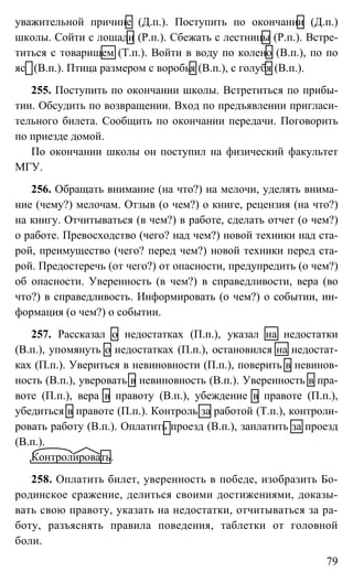 79
уважительной причине (Д.п.). Поступить по окончании (Д.п.)
школы. Сойти с лошади (Р.п.). Сбежать с лестницы (Р.п.). Встре-
титься с товарищем (Т.п.). Войти в воду по колено (В.п.), по по
яс (В.п.). Птица размером с воробья (В.п.), с голубя (В.п.).
255. Поступить по окончании школы. Встретиться по прибы-
тии. Обсудить по возвращении. Вход по предъявлении пригласи-
тельного билета. Сообщить по окончании передачи. Поговорить
по приезде домой.
По окончании школы он поступил на физический факультет
МГУ.
256. Обращать внимание (на что?) на мелочи, уделять внима-
ние (чему?) мелочам. Отзыв (о чем?) о книге, рецензия (на что?)
на книгу. Отчитываться (в чем?) в работе, сделать отчет (о чем?)
о работе. Превосходство (чего? над чем?) новой техники над ста-
рой, преимущество (чего? перед чем?) новой техники перед ста-
рой. Предостеречь (от чего?) от опасности, предупредить (о чем?)
об опасности. Уверенность (в чем?) в справедливости, вера (во
что?) в справедливость. Информировать (о чем?) о событии, ин-
формация (о чем?) о событии.
257. Рассказал о недостатках (П.п.), указал на недостатки
(В.п.), упомянуть о недостатках (П.п.), остановился на недостат-
ках (П.п.). Увериться в невиновности (П.п.), поверить в невинов-
ность (В.п.), уверовать в невиновность (В.п.). Уверенность в пра-
воте (П.п.), вера в правоту (В.п.), убеждение в правоте (П.п.),
убедиться в правоте (П.п.). Контроль за работой (Т.п.), контроли-
ровать работу (В.п.). Оплатить проезд (В.п.), заплатить за проезд
(В.п.).
Контролировать.
258. Оплатить билет, уверенность в победе, изобразить Бо-
родинское сражение, делиться своими достижениями, доказы-
вать свою правоту, указать на недостатки, отчитываться за ра-
боту, разъяснять правила поведения, таблетки от головной
боли.
 