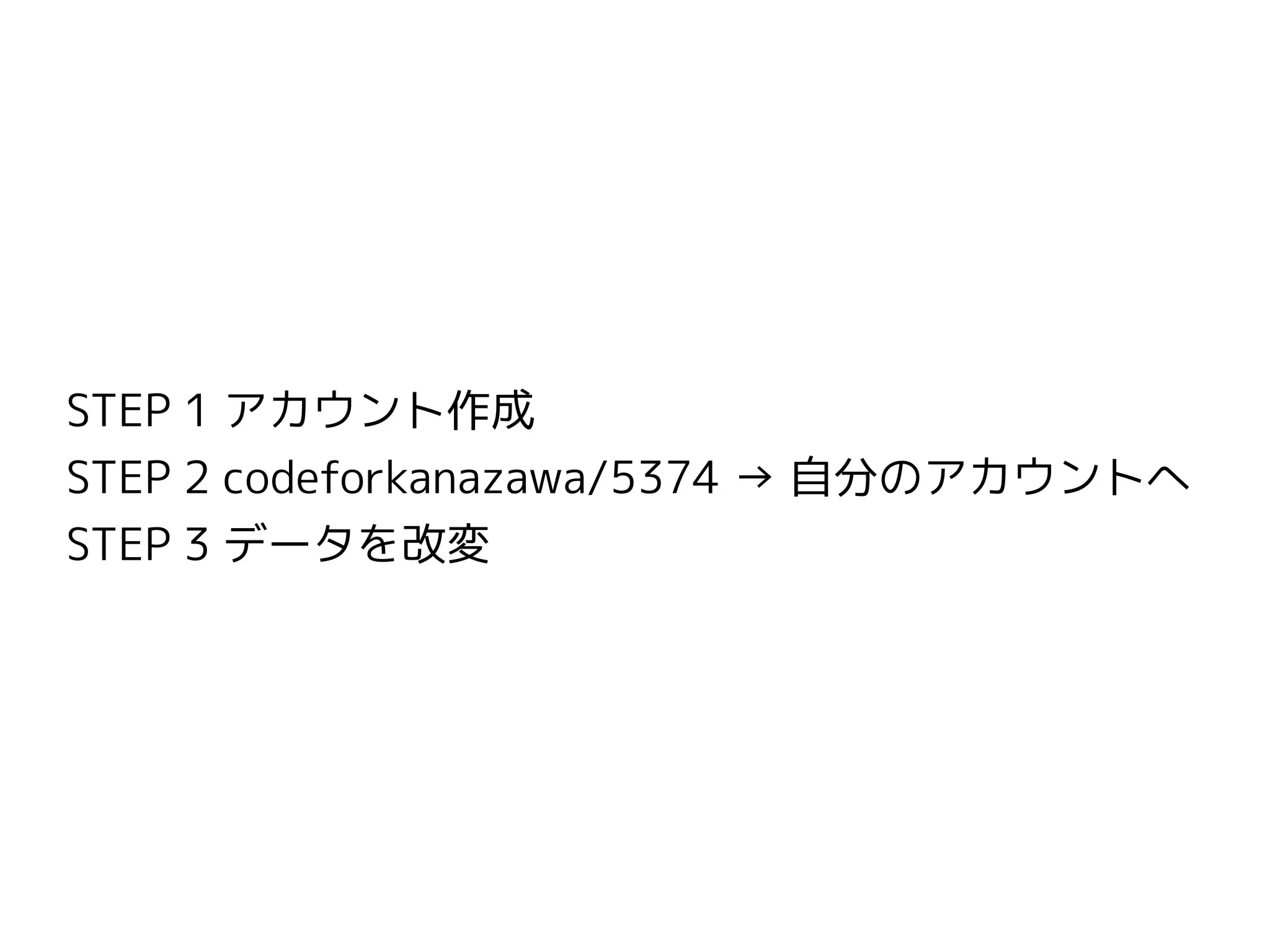 STEP 1 アカウント作成　
STEP 2 codeforkanazawa/5374 → 自分のアカウントへ
STEP 3 データを改変
 