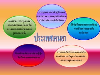 หลังจากการประชุมศาสนา
และสันติภาพของโลกทาให้
การเผยแผ่ศาสนาในเคนยามี
รูปแบบมากขึ้น
มีการนิมนต์พระสงฆ์จากญี่ปุ่น
จีน ไทย มาเผยแผ่ศาสนา
ผู้ที่นับถือพุทธศาสนาอาศัยอยู่
ตามเมืองท่าทางชายฝั่ง
ตะวันออก
การเผยแผ่ไม่ประสบความสาเร็จ
มากนัก เพราะปัญหาเรื่องการเมือง
และเศรษฐกิจของเคนยา
พระพุทธศาสนาเข้าสู่ประเทศ
เคนยาผ่านทางชาวพุทธอินเดียและ
ศรีลังกาเดินทางเข้าไปทางาน
 