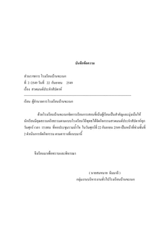 บันทึกข้อความ
ส่วนราชการ โรงเรียนบ้านขะเนก
ที่ 2 /2549 วันที่ 22 กันยายน 2549
เรื่อง สวดมนต์ประจําสัปดาห์
------------------------------------------------------------------------------------------------------------------
เรียน ผู้อํานวยการโรงเรียนบ้านขะเนก
ด้วยโรงเรียนบ้านขะเนกจัดการเรียนการสอนที่เน้นผู้เรียนเป็นสําคัญและมุ่งเน้นให้
นักเรียนมีคุณธรรมจริยธรรมตามแบบโรงเรียนวิถีพุทธได้จัดกิจกรรมสวดมนต์ประจําสัปดาห์ทุก
วันศุกร์ เวลา 15.00น ที่หอประชุมรวมน้ําใจ ในวันศุกร์ที่ 22 กันยายน 2549 เป็นหน้าที่ช่วงชั้นที่
2 ดําเนินการจัดกิจกรรม ตามตารางที่แนบมานี้
จึงเรียนมาเพื่อทราบและพิจารณา
( นายสมหมาย ฉิมมาลี )
กลุ่มงานบริหารงานทั่วไปโรงเรียนบ้านขะเนก
 