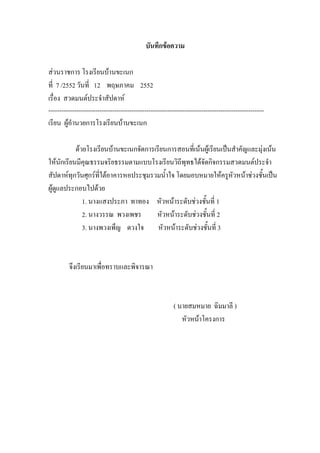 บันทึกข้อความ
ส่วนราชการ โรงเรียนบ้านขะเนก
ที่ 7 /2552 วันที่ 12 พฤษภาคม 2552
เรื่อง สวดมนต์ประจําสัปดาห์
------------------------------------------------------------------------------------------------------------------
เรียน ผู้อํานวยการโรงเรียนบ้านขะเนก
ด้วยโรงเรียนบ้านขะเนกจัดการเรียนการสอนที่เน้นผู้เรียนเป็นสําคัญและมุ่งเน้น
ให้นักเรียนมีคุณธรรมจริยธรรมตามแบบโรงเรียนวิถีพุทธได้จัดกิจกรรมสวดมนต์ประจํา
สัปดาห์ทุกวันศุกร์ที่ใต้อาคารหอประชุมรวมน้ําใจ โดยมอบหมายให้ครูหัวหน้าช่วงชั้นเป็น
ผู้ดูแลประกอบไปด้วย
1. นางแสงประภา ทาทอง หัวหน้าระดับช่วงชั้นที่ 1
2. นางวรรณ พวงเพชร หัวหน้าระดับช่วงชั้นที่ 2
3. นางพวงเพ็ญ ดวงใจ หัวหน้าระดับช่วงชั้นที่ 3
จึงเรียนมาเพื่อทราบและพิจารณา
( นายสมหมาย ฉิมมาลี )
หัวหน้าโครงการ
 