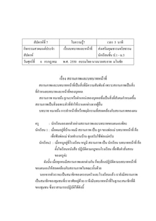 สัปดาห์ที่ 7 ใบความรู้7 เวลา 5 นาที
กิจกรรมสวดมนต์ประจํา
สัปดาห์
เรื่องบทบาทและหน้าที่ ส่งเสริมคุณธรรมจริยธรรม
นักเรียนชั้น ป.1 - ม.3
วันศุกร์ที่ 6 กรกฎาคม พ.ศ. 2550 อบรมโดย นางนวลสะอาด มโนชัย
เรื่อง สถานภาพและบทบาทหน้าที่
สถานภาพและบทบาทหน้าที่เป็นสิ่งที่มีความสัมพันธ์ เพราะสถานภาพเป็นสิ่ง
ที่กําหนดบทบาทและหน้าที่ของบุคคล
สถานภาพ หมายถึง ฐานะหรือตําแหน่งของบุคคลซึ่งเป็นสิ่งที่สังคมกําหนดขึ้น
สถานภาพเป็นสิ่งเฉพาะตัวที่ทําให้เราแตกต่างจากผู้อื่น
บทบาท หมายถึง การทําหน้าที่หรือพฤติกรรมที่สอดคล้องกับสถานภาพของตน
ครู : นักเรียนลองยกตัวอย่างสถานภาพและบทบาทของตนเองซิคะ
นักเรียน 1 : เมื่อผมอยู่ที่บ้าน ผมมี สถานภาพ เป็น ลูก ของพ่อแม่ บทบาทหน้าที่ คือ
เชื่อฟังพ่อแม่ ช่วยทํางานบ้าน ดูแลรับใช้พ่อแม่ครับ
นักเรียน2 : เมื่อหนูอยู่ที่โรงเรียน หนูมี สถานภาพ เป็น นักเรียน บทบาทหน้าที่ คือ
ตั้งใจเรียนหนังสือ ปฏิบัติตามกฎของโรงเรียน เชื่อฟังคําสั่งสอน
ของครูค่ะ
ดังนั้น เมื่อทุกคนมีสถานภาพแตกต่างกัน ก็จะต้องปฏิบัติตามบทบาทหน้าที่
ของตนเองให้สอดคล้องกับสถานภาพในขณะนั้นด้วย
นอกจากตัวเราจะเป็นสมาชิกของครอบครัวและโรงเรียนแล้ว เรายังมีสถานภาพ
เป็นสมาชิกของชุมชนที่เราอาศัยอยู่ด้วย เราจึงมีบทบาทหน้าที่ในฐานะสมาชิกที่ดี
ของชุมชน ซึ่งเราสามารถปฏิบัติได้ดังนี้
 