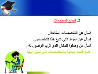 2.‫اجّغ‬‫اٌّؼٍىِبد‬
‫اعأي‬ٓ‫ػ‬‫اٌزخصصبد‬‫اٌّزبدخ‬..
‫اعأي‬ٓ‫ػ‬‫اٌّىاد‬ً‫اٌز‬‫رزجغ‬‫هزا‬‫اٌزخصص‬..
‫اعأي‬ِٓ‫وصٍىا‬ْ‫ٌٍّىب‬‫اٌزي‬‫رشٌذ‬‫اٌىصىي‬‫ٌه‬..
‫ضغ‬‫لبئّخ‬‫ِجذأٌخ‬‫ثبٌزخصصبد‬ً‫اٌز‬ًٍّ‫ر‬‫اٌٍهب‬..
 