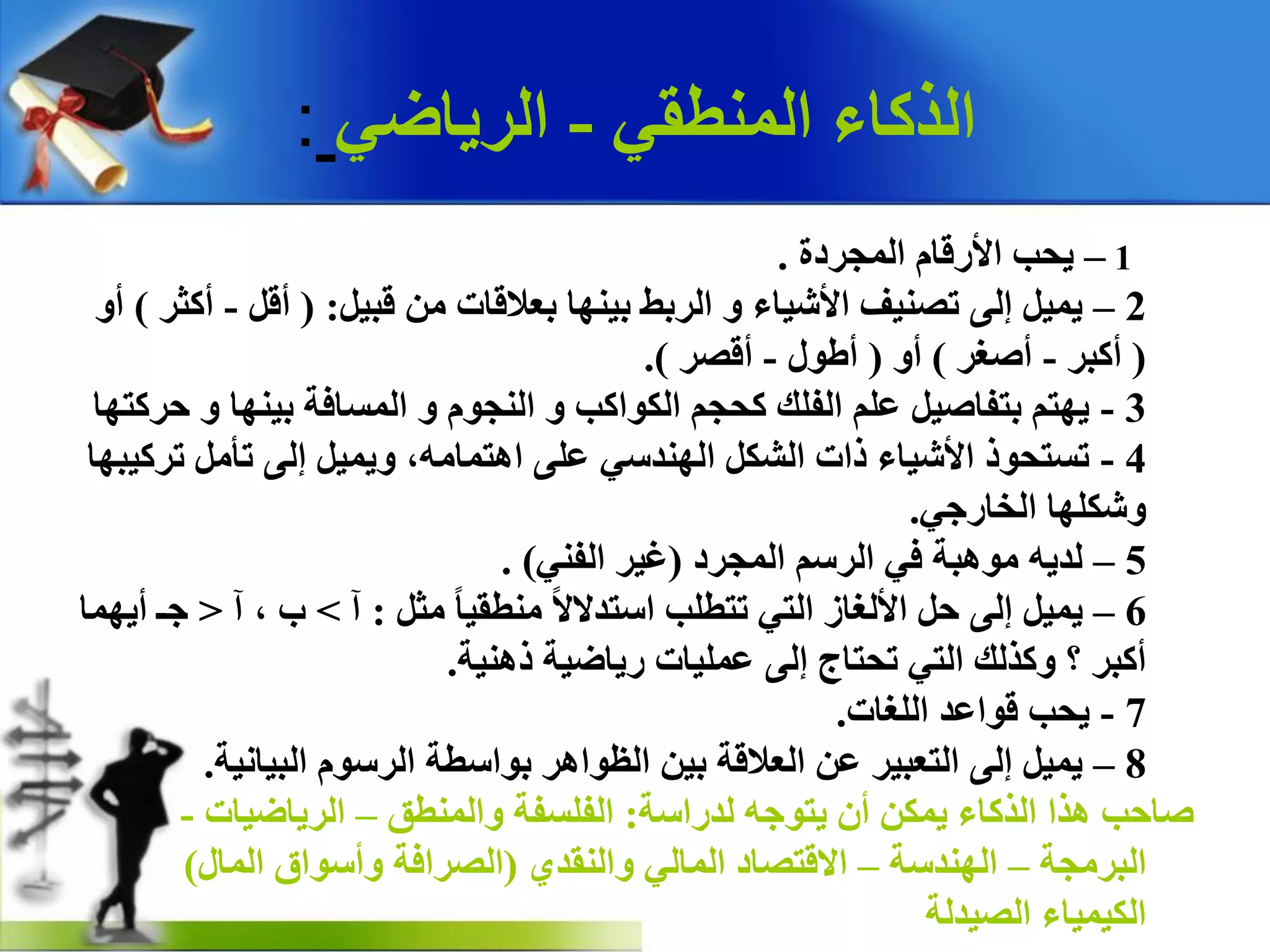 ٟ‫إٌّطم‬ ‫اٌزوبء‬-ٟ‫اٌش٠بظ‬:
1–‫اٌّجشدح‬ َ‫ا٤سلب‬ ‫٠ذت‬.
2–ً١‫لج‬ ِٓ ‫ثؼاللبد‬ ‫ث١ٕٙب‬ ‫اٌشثػ‬ ٚ ‫ا٤ش١بء‬ ‫رصٕ١ف‬ ٌٝ‫إ‬ ً١ّ٠( :ً‫أل‬-‫أوضش‬)ٚ‫أ‬
(‫أوجش‬-‫أصغش‬)ٚ‫أ‬(‫أغٛي‬-‫ألصش‬.)
3-‫دشوزٙب‬ ٚ ‫ث١ٕٙب‬ ‫اٌّغبفخ‬ ٚ َٛ‫إٌج‬ ٚ ‫اٌىٛاوت‬ ُ‫وذج‬ ‫اٌفٍه‬ ٍُ‫ػ‬ ً١‫ثزفبص‬ ُ‫٠ٙز‬
4-‫رشو١جٙب‬ ًِ‫رأ‬ ٌٝ‫إ‬ ً١ّ٠ٚ ،ِٗ‫ا٘زّب‬ ٍٝ‫ػ‬ ٟ‫إٌٙذع‬ ً‫اٌشى‬ ‫راد‬ ‫ا٤ش١بء‬ ‫رغزذٛر‬
ٟ‫اٌخبسج‬ ‫ٚشىٍٙب‬.
5–‫اٌّجشد‬ ُ‫اٌشع‬ ٟ‫ف‬ ‫ِٛ٘جخ‬ ٗ٠‫ٌذ‬(ٟٕ‫اٌف‬ ‫غ١ش‬. )
6–ً‫ِض‬ ً‫ب‬١‫ِٕطم‬ ً‫ال‬‫اعزذال‬ ‫رزطٍت‬ ٟ‫اٌز‬ ‫ا٤ٌغبص‬ ً‫د‬ ٌٝ‫إ‬ ً١ّ٠:‫آ‬>‫آ‬ ، ‫ة‬<‫أ٠ّٙب‬ ‫جـ‬
‫رٕ٘١خ‬ ‫س٠بظ١خ‬ ‫ػٍّ١بد‬ ٌٝ‫إ‬ ‫رذزبط‬ ٟ‫اٌز‬ ‫ٚوزٌه‬ ‫؟‬ ‫أوجش‬.
7-‫اٌٍغبد‬ ‫لٛاػذ‬ ‫٠ذت‬.
8–‫اٌج١بٔ١خ‬ َٛ‫اٌشع‬ ‫ثٛاعطخ‬ ‫اٌظٛا٘ش‬ ٓ١‫ث‬ ‫اٌؼاللخ‬ ٓ‫ػ‬ ‫اٌزؼج١ش‬ ٌٝ‫إ‬ ً١ّ٠.
‫ٌذساعخ‬ ٗ‫٠زٛج‬ ْ‫أ‬ ٓ‫٠ّى‬ ‫اٌزوبء‬ ‫٘زا‬ ‫صبدت‬:‫ٚإٌّطك‬ ‫اٌفٍغفخ‬–‫اٌش٠بظ١بد‬-
‫اٌجشِجخ‬–‫إٌٙذعخ‬–ٞ‫ٚإٌمذ‬ ٌٟ‫اٌّب‬ ‫االلزصبد‬(‫اٌّبي‬ ‫ٚأعٛاق‬ ‫اٌصشافخ‬)
‫اٌص١ذٌخ‬ ‫اٌى١ّ١بء‬
 