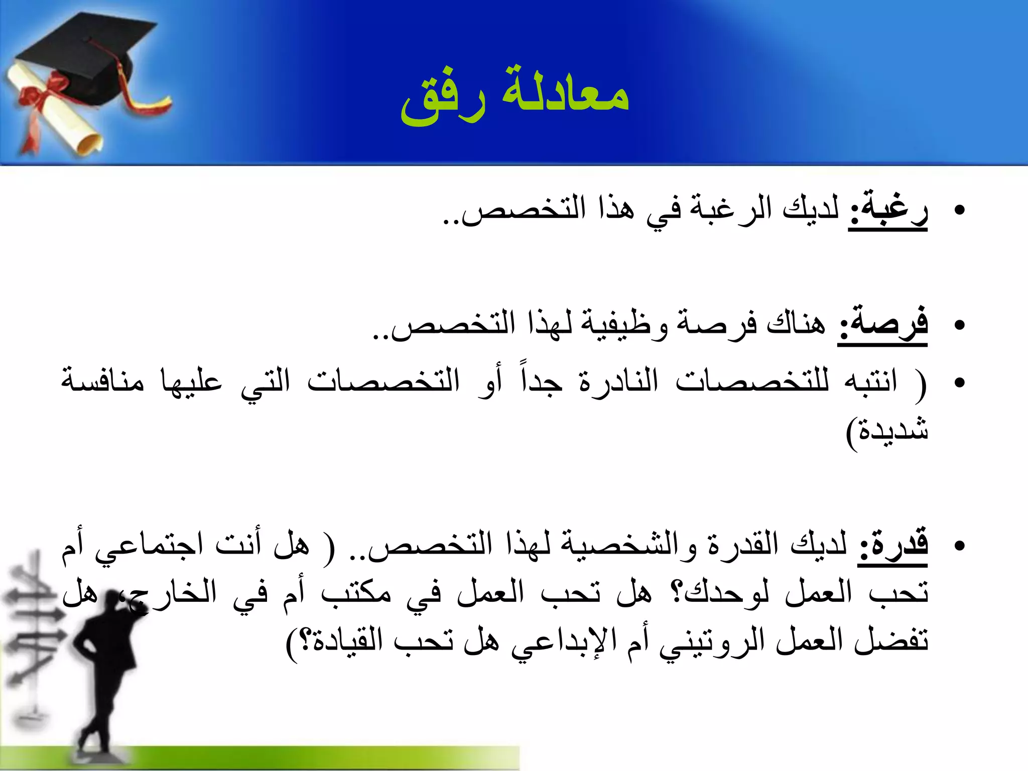 ‫رفق‬ ‫معادلة‬
•‫سغجخ‬:‫نذيل‬‫انزغبت‬‫في‬‫هذا‬‫انخخصص‬..
•‫فشصخ‬:‫هناك‬‫فزصت‬‫وظيفيت‬‫نهذا‬‫انخخصص‬..
•(‫انخبه‬‫نهخخصصاث‬‫اننادرة‬‫جذا‬‫أو‬‫انخخصصاث‬‫انخي‬‫عهيها‬‫منافست‬
‫شذيذة‬)
•‫لذسح‬:‫نذيل‬‫انقذرة‬‫وانشخصيت‬‫نهذا‬‫انخخصص‬..(‫هم‬‫أنج‬‫اجخماعي‬‫أو‬
‫ححب‬‫انعمم‬‫نىحذك؟‬‫هم‬‫ححب‬‫انعمم‬‫في‬‫مكخب‬‫أو‬‫في‬،‫انخارج‬‫هم‬
‫حفضم‬‫انعمم‬‫انزوحيني‬‫أو‬‫اإلبذاعي‬‫هم‬‫ححب‬‫انقيادة؟‬)
 