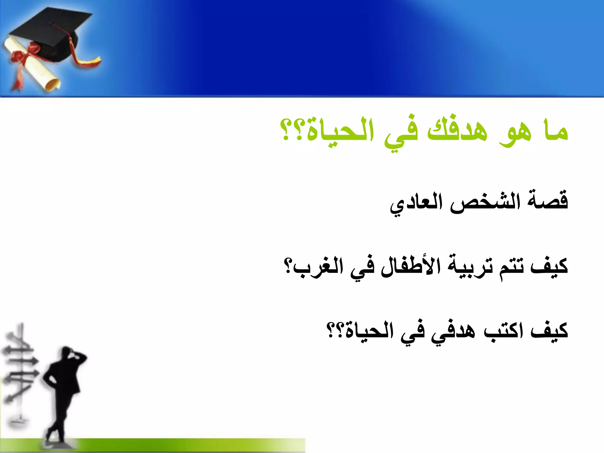 ‫اٌذ١بح؟؟‬ ٟ‫ف‬ ‫٘ذفه‬ ٛ٘ ‫ِب‬
ٞ‫اٌؼبد‬ ‫اٌشخص‬ ‫لصخ‬
‫اٌغشة؟‬ ٟ‫ف‬ ‫ا٤غفبي‬ ‫رشث١خ‬ ُ‫رز‬ ‫و١ف‬
‫اٌذ١بح؟؟‬ ٟ‫ف‬ ٟ‫٘ذف‬ ‫اوزت‬ ‫و١ف‬
 