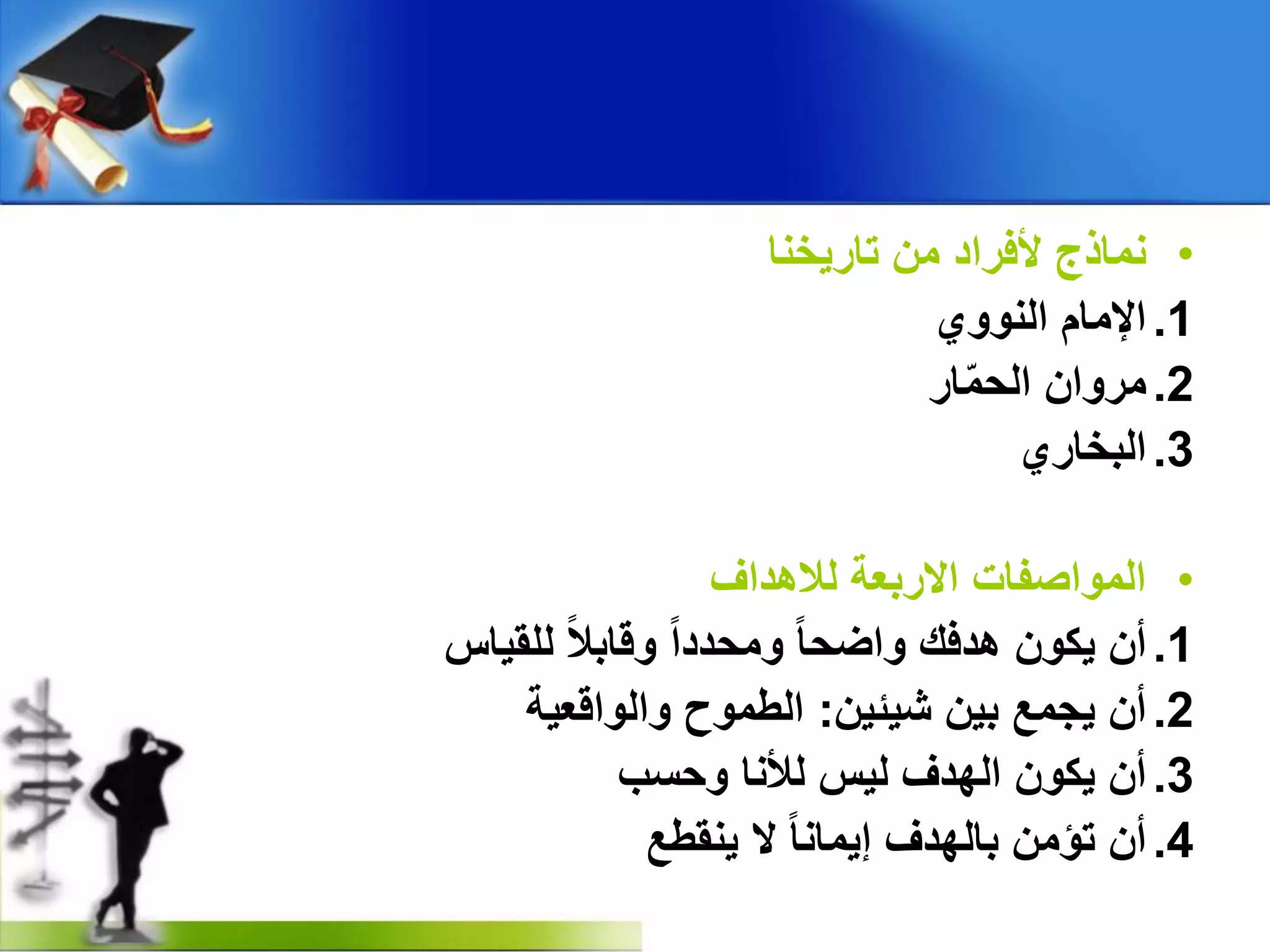 •‫ألفراد‬ ‫نماذج‬‫تاريخنا‬ ‫من‬
.1‫النووي‬ ‫اإلمام‬
.2‫ار‬ّ‫م‬‫الح‬ ‫مروان‬
.3‫البخاري‬
•‫لالهداف‬ ‫االربعة‬ ‫المواصفات‬
.1‫للقياس‬ ً‫ال‬‫وقاب‬ ً‫ا‬‫ومحدد‬ ً‫ا‬‫واضح‬ ‫هدفك‬ ‫يكون‬ ‫أن‬
.2‫شيئين‬ ‫بين‬ ‫يجمع‬ ‫أن‬:‫والواقعية‬ ‫الطموح‬
.3‫وحسب‬ ‫لألنا‬ ‫ليس‬ ‫الهدف‬ ‫يكون‬ ‫أن‬
.4‫ينقطع‬ ‫ال‬ ً‫ا‬‫إيمان‬ ‫بالهدف‬ ‫تؤمن‬ ‫أن‬
 