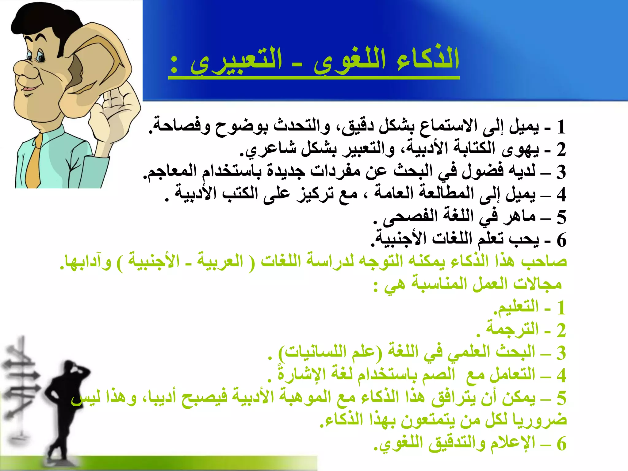 ٞٛ‫اٌٍغ‬ ‫اٌزوبء‬-ٞ‫اٌزؼج١ش‬:
1-‫ٚفصبدخ‬ ‫ثٛظٛح‬ ‫ٚاٌزذذس‬ ،‫دل١ك‬ ً‫ثشى‬ ‫االعزّبع‬ ٌٝ‫إ‬ ً١ّ٠.
2-ٞ‫شبػش‬ ً‫ثشى‬ ‫ٚاٌزؼج١ش‬ ،‫ا٤دث١خ‬ ‫اٌىزبثخ‬ ٜٛٙ٠.
3–ُ‫اٌّؼبج‬ َ‫ثبعزخذا‬ ‫جذ٠ذح‬ ‫ِفشداد‬ ٓ‫ػ‬ ‫اٌجذش‬ ٟ‫ف‬ ‫فعٛي‬ ٗ٠‫ٌذ‬.
4–‫ا٤دث١خ‬ ‫اٌىزت‬ ٍٝ‫ػ‬ ‫رشو١ض‬ ‫ِغ‬ ، ‫اٌؼبِخ‬ ‫اٌّطبٌؼخ‬ ٌٝ‫إ‬ ً١ّ٠.
5–ٝ‫اٌفصذ‬ ‫اٌٍغخ‬ ٟ‫ف‬ ‫ِب٘ش‬.
6-‫ا٤جٕج١خ‬ ‫اٌٍغبد‬ ٍُ‫رؼ‬ ‫٠ذت‬.
‫اٌٍغبد‬ ‫ٌذساعخ‬ ٗ‫اٌزٛج‬ ٕٗ‫٠ّى‬ ‫اٌزوبء‬ ‫٘زا‬ ‫صبدت‬(‫اٌؼشث١خ‬-‫ا٤جٕج١خ‬)‫ٚآداثٙب‬.
ٟ٘ ‫إٌّبعجخ‬ ًّ‫اٌؼ‬ ‫ِجبالد‬:
1-ُ١ٍ‫اٌزؼ‬.
2-‫اٌزشجّخ‬.
3–‫اٌٍغخ‬ ٟ‫ف‬ ٍّٟ‫اٌؼ‬ ‫اٌجذش‬(‫اٌٍغبٔ١بد‬ ٍُ‫ػ‬. )
4–‫ِغ‬ ًِ‫اٌزؼب‬ً‫ح‬‫اإلشبس‬ ‫ٌغخ‬ َ‫ثبعزخذا‬ ُ‫اٌص‬.
5–‫ٌ١ظ‬ ‫ٚ٘زا‬ ،‫أد٠جب‬ ‫ف١صجخ‬ ‫ا٤دث١خ‬ ‫اٌّٛ٘جخ‬ ‫ِغ‬ ‫اٌزوبء‬ ‫٘زا‬ ‫٠زشافك‬ ْ‫أ‬ ٓ‫٠ّى‬
‫اٌزوبء‬ ‫ثٙزا‬ ْٛ‫٠زّزؼ‬ ِٓ ً‫ٌى‬ ‫ظشٚس٠ب‬.
6–ٞٛ‫اٌٍغ‬ ‫ٚاٌزذل١ك‬ َ‫اإلػال‬.
 