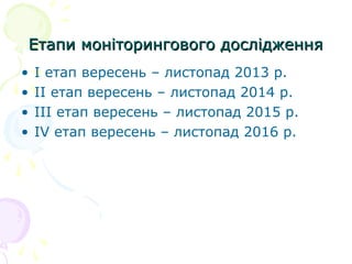 Етапи моніторингового дослідженняЕтапи моніторингового дослідження
• І етап вересень – листопад 2013 р.
• ІІ етап вересень – листопад 2014 р.
• ІІІ етап вересень – листопад 2015 р.
• ІV етап вересень – листопад 2016 р.
 