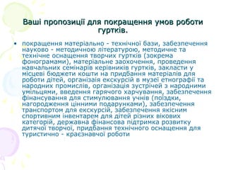 Ваші пропозиції для покращення умов роботиВаші пропозиції для покращення умов роботи
гуртків.гуртків.
• покращення матеріально - технічної бази, забезпечення
науково - методичною літературою, методичне та
технічне оснащення творчих гуртків (зокрема
фонограмами), матеріальне заохочення, проведення
навчальних семінарів керівників гуртків, закласти у
місцеві бюджети кошти на придбання матеріалів для
роботи дітей, організаія екскурсій в музеї етнографії та
народних промислів, організація зустрічей з народними
умільцями, введення гарячого харчування, забезпечення
фінансування для стимулювання учнів (поїздки,
нагородження цінними подарунками), забезпечення
транспортом для екскурсій, забезпечення якісним
спортивним інвентарем для дітей різних вікових
категорій, державна фінансова підтримка розвитку
дитячої творчої, придбання технічного оснащення для
туристично - краєзнавчої роботи
 
