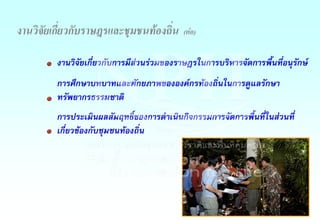 งานวิจัยเกี่ยวกับราษฎรและชุมชนท้องถิ่น (ต่อ)
งานวิจัยเกี่ยวกับการมีส่วนร่วมของราษฎรในการบริหารจัดการพื้นที่อนุรักษ์
การศึกษาบทบาทและศักยภาพขององค์กรท้องถิ่นในการดูแลรักษา
ทรัพยากรธรรมชาติ
การประเมินผลสัมฤทธิ์ของการด้าเนินกิจกรรมการจัดการพื้นที่ในส่วนที่
เกี่ยวข้องกับชุมชนท้องถิ่น
 