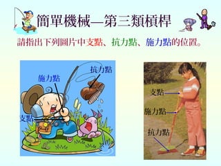 簡單機械—第三類槓桿
請指出下列圖片中支點、抗力點、施力點的位置。
支點
施力點
抗力點
支點
抗力點
施力點
 
