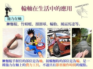 輪軸在生活中的應用
麵棍、竹蜻蜓、溜溜球、輪胎、風扇馬達等。擀
施力在軸
麵棍手握住的部位是為擀 軸，接觸麵粉的部位是為輪，是一
種施力在軸上的費力工具，不過具有節省操作時間的優點。
 