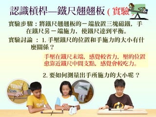 認識槓桿—鐵尺翹翹板 ( 實驗 )
實驗 驟：將鐵尺翹翹板的 端放置三塊磁鐵，手步 ㄧ
在鐵尺 端施力，使鐵尺達到平衡。另ㄧ
實驗討論 ： 1. 手壓鐵尺的位置和手施力的大小有什
麼關係？
手壓在鐵尺末端，感覺較省力，壓的位置
愈靠近鐵尺中間支點，感覺會較吃力。
2. 要如何測量出手所施力的大小 ？呢
 