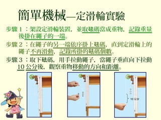 簡單機械—定滑輪實驗
步驟 1 ：架設定滑輪裝置，並取 碼砝 當成重物，記錄重量
後掛在繩子的一端。
步驟 2 ：在繩子的另一端依序掛上 碼砝 ，直到定滑輪上的
繩子不再滑動，記錄所掛的 碼個數砝 。
步驟 3 ：取下 碼，用手拉動繩子，當繩子垂直向下拉動砝
10 公分後，觀察重物移動的方向和距離。
10 公分
 