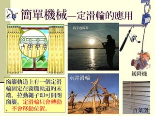 窗簾軌道上有一個定滑
輪固定在窗簾軌道的末
端，拉動繩子即可開閉
窗簾。定滑輪只會轉動
，不會移動位置。
簡單機械—定滑輪的應用
釣竿收線器
百葉窗
水井滑輪
緩降機
 