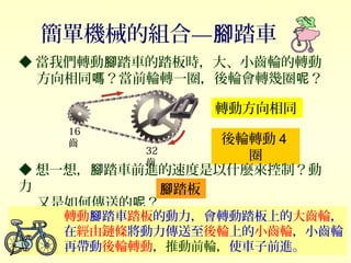 ◆ 當我們轉動 踏車的踏板時，大、小齒輪的轉動腳
方向相同 ？當前輪轉一圈，後輪會轉幾圈 ？嗎 呢
簡單機械的組合— 踏車腳
轉動方向相同
後輪轉動 4
圈
16
齒
32
齒
◆ 想一想， 踏車前進的速度是以什麼來控制？動腳
力
又是如何傳送的 ？呢
踏板腳
轉動 踏車腳 踏板的動力，會轉動踏板上的大齒輪，
在經由鏈條將動力傳送至後輪上的小齒輪，小齒輪
再帶動後輪轉動，推動前輪，使車子前進。
 