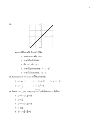 4
14.
จากกราฟที่กาหนดให้ ข้อใดต่อไปนี้ผิด
1. สมการของกราฟคือ xy 
2. กราฟนี้เป็นฟังก์ชันเพิ่ม
3. เมื่อ 5x แล้ว 5y
4. กราฟนี้มีจุดตัดกับกราฟ 2
)2(  xy
5. กราฟนี้ไม่ตัดกับกราฟ 5 xy
15. สมการของกราฟในข้อใดต่อไปนี้ที่ไม่เป็นฟังก์ชัน
1. 1 xy 2. 735  xy 3. 2
)3(  xy
4. 2
3
x
y  5. 522
 yx
16. กาหนด }4|),{( 2
xyRRyxr  แล้วโดเมนของ r คือข้อใด
1.     ,44,
2.  4,4
3.     ,22,
4.  2,2
5.    4,22,4 
0
5
10
-5
-10
5 10-5-10 x
y
 