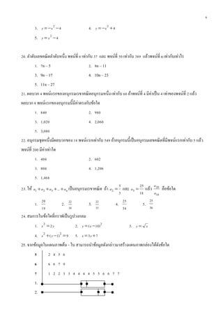6
3. 42
 xy 4. 42
 xy
5. 42
 xy
20. ลาดับเลขคณิตลาดับหนึ่ง พจน์ที่ 6 เท่ากับ 37 และ พจน์ที่ 50 เท่ากับ 389 แล้วพจน์ที่ n เท่ากับเท่าไร
1. 7n – 5 2. 8n – 11
3. 9n – 17 4. 10n – 23
5. 11n – 27
21. ผลบวก 4 พจน์แรกของอนุกรมเรขาคณิตอนุกรมหนึ่ง เท่ากับ 60 ถ้าพจน์ที่ 4 มีค่าเป็น 4 เท่าของพจน์ที่ 2 แล้ว
ผลบวก 8 พจน์แรกของอนุกรมนี้มีค่าตรงกับข้อใด
1. 840 2. 980
3. 1,020 4. 2,060
5. 3,080
22. อนุกรมชุดหนึ่งมีผลบวกของ 18 พจน์แรกเท่ากับ 549 ถ้าอนุกรมนี้เป็นอนุกรมเลขคณิตที่มีพจน์แรกเท่ากับ 5 แล้ว
พจน์ที่ 200 มีค่าเท่าใด
1. 404 2. 602
3. 804 4. 1,206
5. 1,468
23. ให้ naaaa  ...321 เป็นอนุกรมเรขาคณิต ถ้า
3
5
2 a และ
18
25
3 a แล้ว
18
20
a
a
คือข้อใด
1.
19
20
2.
34
22
3.
35
22
4.
34
25
5.
36
25
24. สมการในข้อใดที่กราฟเป็นรูปวงกลม
1. yx 22
 2. 2
)10(  xy 3. xy 
4. 9)1( 22
 yx 5. 73  yx
25. จากข้อมูลในแผนภาพต้น - ใบ สามารถนาข้อมูลดังกล่าวมาสร้างแผนภาพกล่องได้ดังข้อใด
5 2 4 5 6
6 6 6 7 9
7 1 2 2 3 3 4 4 4 4 5 5 6 6 7 7
1.
2.
 