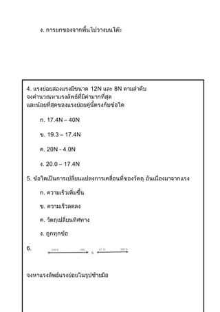 ง. การยกของจากพื้นไปวางบนโต๊ะ
4. แรงย่อยสองแรงมีขนาด 12N และ 8N ตามลาดับ
จงคานวณหาแรงลัพธ์ที่มีค่ามากที่สุด
และน้อยที่สุดของแรงย่อยคู่นี้ตรงกับข้อใด
ก. 17.4N – 40N
ข. 19.3 – 17.4N
ค. 20N - 4.0N
ง. 20.0 – 17.4N
5. ข้อใดเป็นการเปลี่ยนแปลงการเคลื่อนที่ของวัตถุ อันเนื่องมาจากแรง
ก. ความเร็วเพิ่มขึ้น
ข. ความเร็วลดลง
ค. วัตถุเปลี่ยนทิศทาง
ง. ถูกทุกข้อ
6.
จงหาแรงลัพธ์แรงย่อยในรูปซ้ายมือ
 