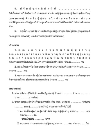 4. ป รั บ ป รุ ง ภู มิ ทั ศ น์ ที่ . . . . . . . . . . . . . . . . . . . . .
ให้เอื้อต่อการให้บริการบริบาลเวลากลางวันแก่ผู้สูงอายุและผู้พิการ (ฝาก Day
care service) ส า ห รั บ ผู้ สู ง อ า ยุ ใ น ต า บ ล ห รื อ น อ ก ต า บ ล
กรณีที่ลูกหลานหรือผู้ดูแลไม่ว่างดูแลในเวลากลางวันที่มีภารกิจไปทางานอื่นนอก
บ้าน
5. จัดตั้งระบบเครือข่ายบริการดูแลผู้สูงอายุระดับหมู่บ้าน (Organized
care giver network) และมีการควบคุม กากับเป็นระยะๆ
เป้าหมาย
1. ค ณ ะ ก ร ร ม ก า ร ช ม ร ม ผู้ สู ง อ า ยุ
ค ณ ะ ก ร ร ม ก า ร ก อ ง ทุ น พั ฒ น า คุ ณ ภ า พ ชี วิ ต ผู้ สู ง อ า ยุ
ค ณ ะ ก ร ร ม ก า ร ก อ ง ทุ น พั ฒ น า บ ท บ า ท ส ต รี
คณะกรรมการพัฒนาเมืองในโครงการร้อยมือสร้างเมือง จานวน ........... คน
2. อสม.ในเขตรับผิดชอบของโรงพยาบาลส่งเสริมสุขภาพตาบล.........
จานวน ........ คน
3. คณะกรรมการวัด ผู้นาทางศาสนา หน่วยงานภาคเอกชน องค์กรชุมชน
กิจการทางสังคม ประชาชนและพระภิกษุ จานวน ......... คน
งบประมาณ
1. จาก คปสอ. (District Health System) อาเภอ ............. จานวน ………..
บาท (............บาทถ้วน)
2. จากกองทุนหลักประกันสุขภาพท้องถิ่น อบต. เทศบาล .............. จานวน
……….. บาท (............บาทถ้วน) ตามรายการดังต่อไปนี้
1. อบ รมฟื้ น ฟูความรู้อาสาสมัคร ดูแลผู้สูงอายุ จาน วน ........ ค น
จานวน........ วัน
รวมเป็นเงิน ........... บาท
2. อบรมคณะกรรมการชมรมผู้สูงอายุ จานวน ........คน จานวน....... วัน
 