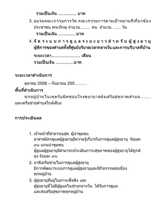 รวมเป็นเงิน ............. บาท
3. อบรมคณ ะกรรมการวัด คณ ะกรรมการตามเป้าหมายที่เกี่ยวข้อง
ประชาชน พระภิกษุ จานวน........ คน จานวน ....... วัน
รวมเป็นเงิน .............บาท
4. จั ด ร ะ บ บ ก า ร ดู แ ล ร ะ ย ะ ย า ว ส า ห รั บ ผู้ สู ง อ า ยุ
ผู้พิการของตาบลทั้งที่ศูนย์บริบาลเวลากลางวัน และการบริบาลที่บ้าน
ระยะเวลา……………….. เดือน
รวมเป็นเงิน .............บาท
ระยะเวลาดาเนินการ
ตุลาคม 2556 – กันยายน 255………
พื้นที่ดาเนินการ
ทุกหมู่บ้านในเขตรับผิดชอบโรงพยาบาลส่งเสริมสุขภาพ ตาบล........
และเครือข่ายตาบลใกล้เคียง
การประเมินผล
1. เจ้าหน้าที่สาธารณสุข ผู้นาชุมชน
อาสาสมัครดูแลผู้สูงอายุมีความรู้เกี่ยวกับการดูแลผู้สูงอายุ ร้อยละ
๙๐ แกนนาชุมชน
ผู้ดูแลผู้สูงอายุมีสามารถประเมินภาวะสุขภาพของผู้สูงอายุได้ถูกต้
อง ร้อยละ ๙๐
2. ภาคีเครือข่ายในการดูแลผู้สูงอายุ
มีการพัฒนาระบบการดูแลผู้สูงอายุและมีกิจกรรมต่อเนื่อง
ทุกหมู่บ้าน
3. ผู้สูงอายุที่อยู่ในภาวะพึ่งพิง และ
ผู้สูงอายุที่ไม่มีผู้ดูแลในช่วงกลางวัน ได้รับการดูแล
และส่งเสริมสุขภาพทุกหมู่บ้าน
 