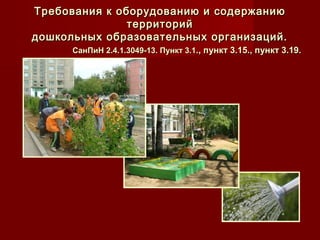 Требования к оборудованию и содержаниюТребования к оборудованию и содержанию
территорийтерриторий
дошкольных образовательных организаций.дошкольных образовательных организаций.
СанПиН 2.4.1.3049-13. Пункт 3.1СанПиН 2.4.1.3049-13. Пункт 3.1., пункт 3.15., пункт 3.19.., пункт 3.15., пункт 3.19.
 