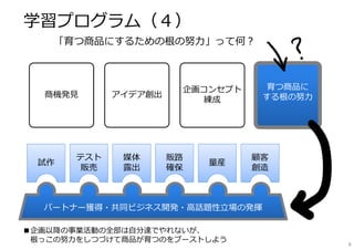 「育つ商品にするための根の努⼒」って何？
試作
販売
テスト
販売 露出
媒体
露出 確保
販路
確保
量産
パートナー獲得・共同ビジネス開発・⾼話題性⽴場の発揮
創造
顧客
創造
商機発⾒ アイデア創出
企画コンセプト
練成
育つ商品に
する根の努⼒
■企画以降の事業活動の全部は⾃分達でやれないが、
根っこの努⼒をしつづけて商品が育つのをブーストしよう
学習プログラム（４）
8
 