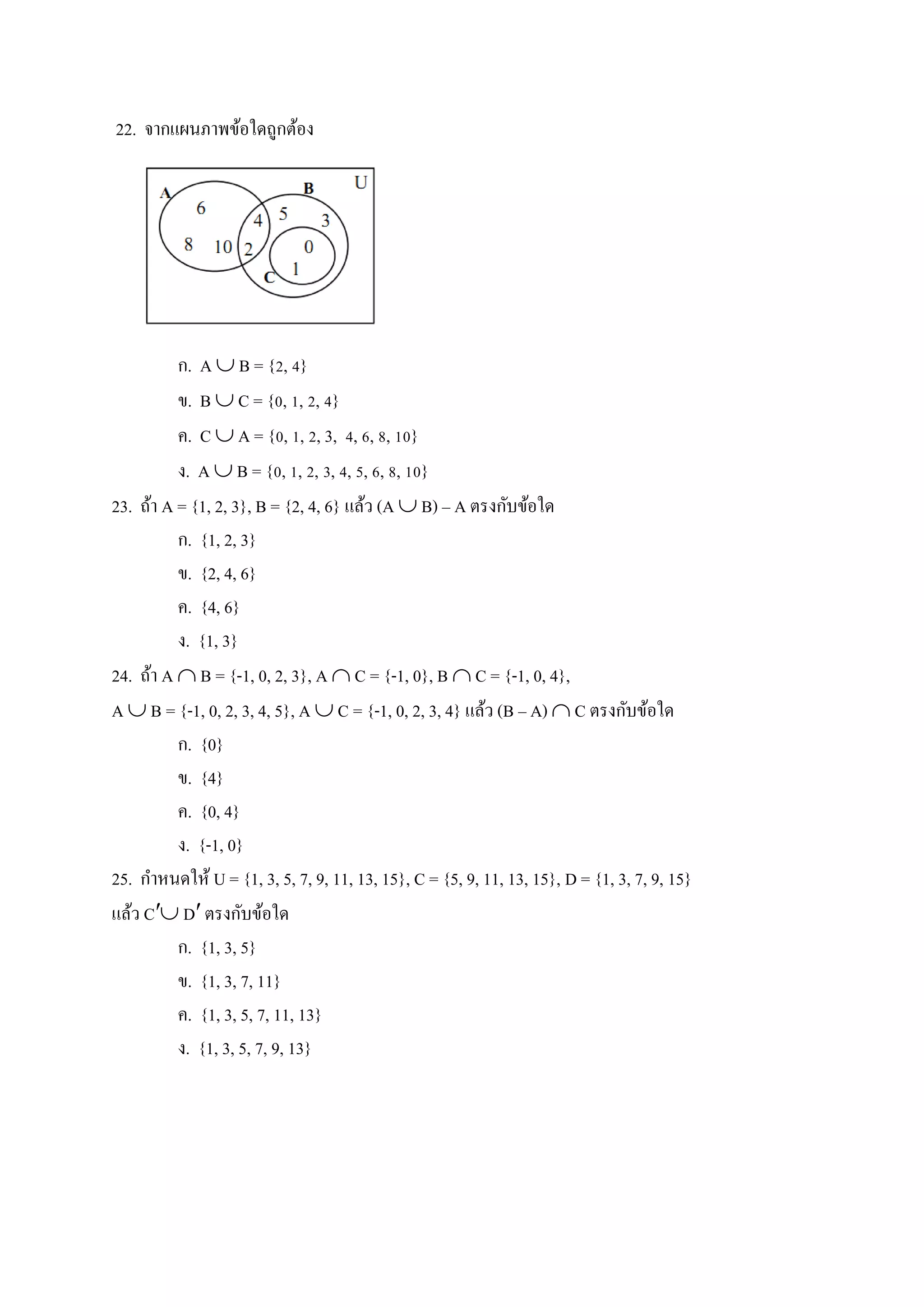22. จากแผนภาพข้อใดถูกต้อง
ก. A  B = {2, 4}
ข. B  C = {0, 1, 2, 4}
ค. C  A = {0, 1, 2, 3, 4, 6, 8, 10}
ง. A  B = {0, 1, 2, 3, 4, 5, 6, 8, 10}
23. ถ้า A = {1, 2, 3}, B = {2, 4, 6} แล้ว (A  B) – A ตรงกับข้อใด
ก. {1, 2, 3}
ข. {2, 4, 6}
ค. {4, 6}
ง. {1, 3}
24. ถ้า A  B = {-1, 0, 2, 3}, A  C = {-1, 0}, B  C = {-1, 0, 4},
A  B = {-1, 0, 2, 3, 4, 5}, A  C = {-1, 0, 2, 3, 4} แล้ว (B – A)  C ตรงกับข้อใด
ก. {0}
ข. {4}
ค. {0, 4}
ง. {-1, 0}
25. กาหนดให้ U = {1, 3, 5, 7, 9, 11, 13, 15}, C = {5, 9, 11, 13, 15}, D = {1, 3, 7, 9, 15}
แล้ว C′ D′ ตรงกับข้อใด
ก. {1, 3, 5}
ข. {1, 3, 7, 11}
ค. {1, 3, 5, 7, 11, 13}
ง. {1, 3, 5, 7, 9, 13}
 