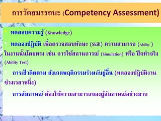 การวัดสมรรถนะ (Competency Assessment)
• ทดสอบควำมรู้ (Knowledge)
• ทดลองปฏิบัติ เพื่อตรวจสอบทักษะ (Skill) ควำมสำมำรถ (Ability )
ในงำนนั้นโดยตรง เช่น กำรใช้สถำนกำรณ์ (Simulation) หรือ ฝึกทำจริง
(Ability Test)
• กำรเฝ้ ำติดตำม สังเกตพฤติกรรมร่วมกับผู้อื่น (ทดลองปฏิบัติงำน
ช่วงเวลำหนึ่ง)
• กำรสัมภำษณ์ ต้องใช้ควำมสำมำรถของผู้สัมภำษณ์อย่ำงมำก
รองศาสตราจารย์ ดร.เนตร์พัณณา ยาวิราช
 