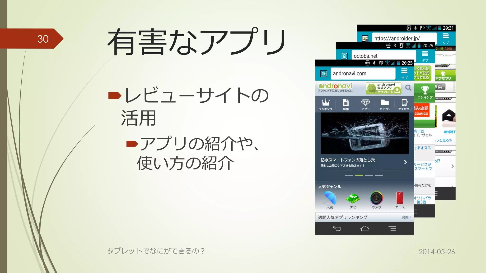 有害なアプリ
レビューサイトの
活用
アプリの紹介や、
使い方の紹介
2014-05-26タブレットでなにができるの？
30
 