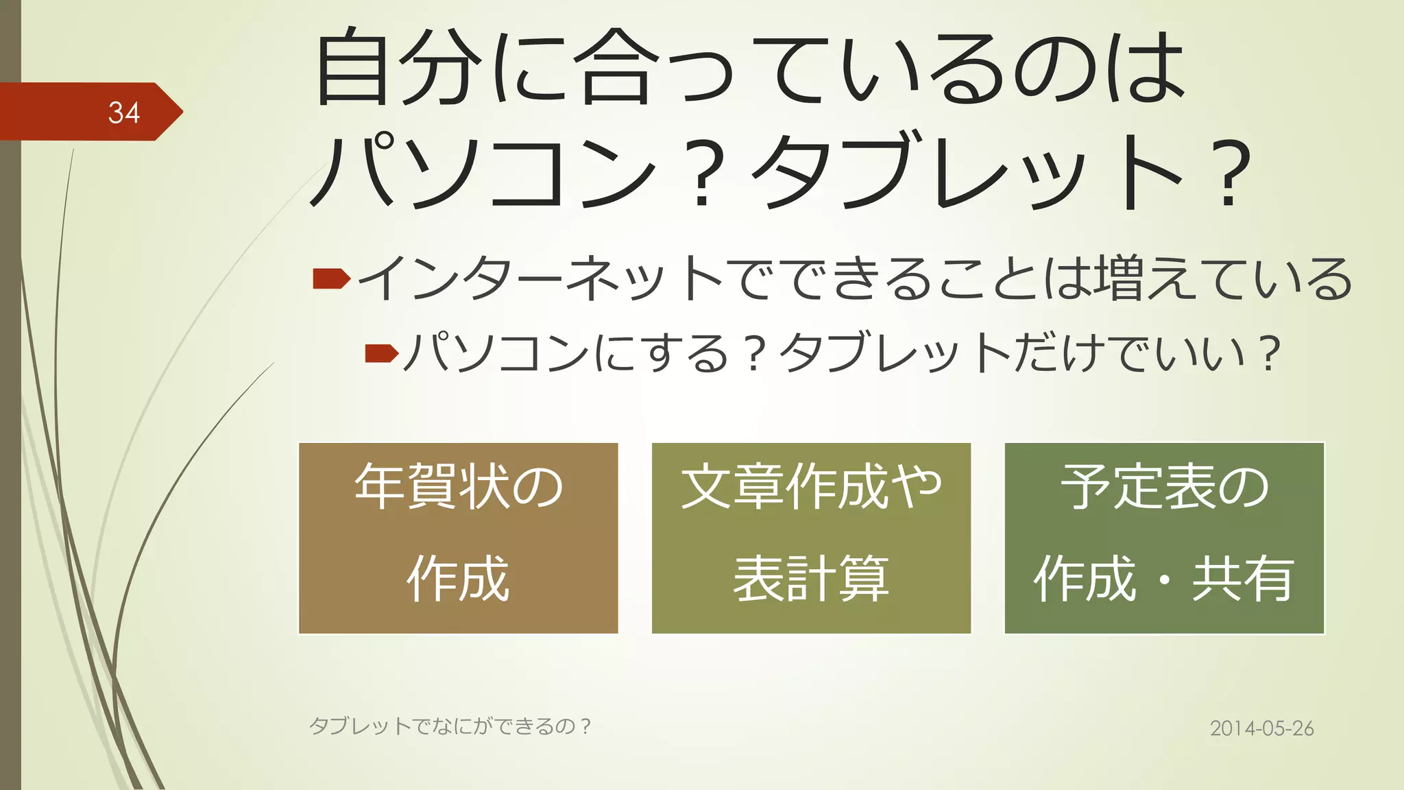 自分に合っているのは
パソコン？タブレット？
インターネットでできることは増えている
パソコンにする？タブレットだけでいい？
年賀状の
作成
文章作成や
表計算
予定表の
作成・共有
2014-05-26タブレットでなにができるの？
34
 