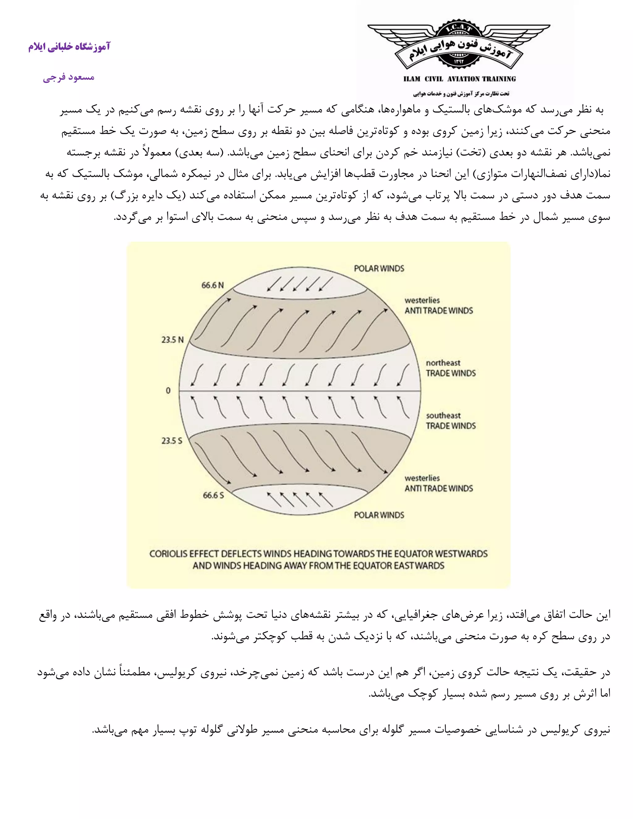 ‫خ‬ ‫آموزشگاه‬‫ایالم‬ ‫لبانی‬
‫فرجی‬ ‫مسعود‬
‫می‬ ‫نظر‬ ‫به‬‫موشک‬ ‫که‬ ‫رسد‬‫ماهواره‬ ‫و‬ ‫بالستیک‬ ‫های‬‫می‬ ‫رسم‬ ‫نقشه‬ ‫روی‬ ‫بر‬ ‫را‬ ‫آنها‬ ‫حرکت‬ ‫مسیر‬ ‫که‬ ‫هنگامی‬ ،‫ها‬‫کن‬‫مسیر‬ ‫یک‬ ‫در‬ ‫یم‬
‫می‬ ‫حرکت‬ ‫منحنی‬‫کوتاه‬ ‫و‬ ‫بوده‬ ‫کروی‬ ‫زمین‬ ‫زیرا‬ ،‫کنند‬‫مستقیم‬ ‫خط‬ ‫یک‬ ‫صورت‬ ‫به‬ ،‫زمین‬ ‫سطح‬ ‫روی‬ ‫بر‬ ‫نقطه‬ ‫دو‬ ‫بین‬ ‫فاصله‬ ‫ترین‬
‫نمی‬‫می‬ ‫زمین‬ ‫سطح‬ ‫انحنای‬ ‫برای‬ ‫کردن‬ ‫خم‬ ‫نیازمند‬ )‫(تخت‬ ‫بعدی‬ ‫دو‬ ‫نقشه‬ ‫هر‬ .‫باشد‬‫برجسته‬ ‫نقشه‬ ‫در‬ ً‫ال‬‫معمو‬ )‫بعدی‬ ‫(سه‬ .‫باشد‬
‫نصف‬ ‫نما(دارای‬‫النهارات‬‫قطب‬ ‫مجاورت‬ ‫در‬ ‫انحنا‬ ‫این‬ )‫متوازی‬‫می‬ ‫افزایش‬ ‫ها‬‫به‬ ‫که‬ ‫بالستیک‬ ‫موشک‬ ،‫شمالی‬ ‫نیمکره‬ ‫در‬ ‫مثال‬ ‫برای‬ .‫یابد‬
‫می‬ ‫پرتاب‬ ‫باال‬ ‫سمت‬ ‫در‬ ‫دستی‬ ‫دور‬ ‫هدف‬ ‫سمت‬‫کوتاه‬ ‫از‬ ‫که‬ ،‫شود‬‫می‬ ‫استفاده‬ ‫ممکن‬ ‫مسیر‬ ‫ترین‬‫به‬ ‫نقشه‬ ‫روی‬ ‫بر‬ )‫بزرگ‬ ‫دایره‬ ‫(یک‬ ‫کند‬
‫ن‬ ‫به‬ ‫هدف‬ ‫سمت‬ ‫به‬ ‫مستقیم‬ ‫خط‬ ‫در‬ ‫شمال‬ ‫مسیر‬ ‫سوی‬‫می‬ ‫ظر‬‫می‬ ‫بر‬ ‫استوا‬ ‫باالی‬ ‫سمت‬ ‫به‬ ‫منحنی‬ ‫سپس‬ ‫و‬ ‫رسد‬.‫گردد‬
‫می‬ ‫اتفاق‬ ‫حالت‬ ‫این‬‫عرض‬ ‫زیرا‬ ،‫افتد‬‫نقشه‬ ‫بیشتر‬ ‫در‬ ‫که‬ ،‫جغرافیایی‬ ‫های‬‫می‬ ‫مستقیم‬ ‫افقی‬ ‫خطوط‬ ‫پوشش‬ ‫تحت‬ ‫دنیا‬ ‫های‬‫د‬ ،‫باشند‬‫واقع‬ ‫ر‬
‫می‬ ‫منحنی‬ ‫صورت‬ ‫به‬ ‫کره‬ ‫سطح‬ ‫روی‬ ‫در‬‫می‬ ‫کوچکتر‬ ‫قطب‬ ‫به‬ ‫شدن‬ ‫نزدیک‬ ‫با‬ ‫که‬ ،‫باشند‬.‫شوند‬
‫ح‬ ‫در‬‫نمی‬ ‫زمین‬ ‫که‬ ‫باشد‬ ‫درست‬ ‫این‬ ‫هم‬ ‫اگر‬ ،‫زمین‬ ‫کروی‬ ‫حالت‬ ‫نتیجه‬ ‫یک‬ ،‫قیقت‬‫می‬ ‫داده‬ ‫نشان‬ ً‫ا‬‫مطمئن‬ ،‫کریولیس‬ ‫نیروی‬ ،‫چرخد‬‫ش‬‫ود‬
‫می‬ ‫کوچک‬ ‫بسیار‬ ‫شده‬ ‫رسم‬ ‫مسیر‬ ‫روی‬ ‫بر‬ ‫اثرش‬ ‫اما‬.‫باشد‬
‫می‬ ‫مهم‬ ‫بسیار‬ ‫توپ‬ ‫گلوله‬ ‫طوالنی‬ ‫مسیر‬ ‫منحنی‬ ‫محاسبه‬ ‫برای‬ ‫گلوله‬ ‫مسیر‬ ‫خصوصیات‬ ‫شناسایی‬ ‫در‬ ‫کریولیس‬ ‫نیروی‬.‫باشد‬
 